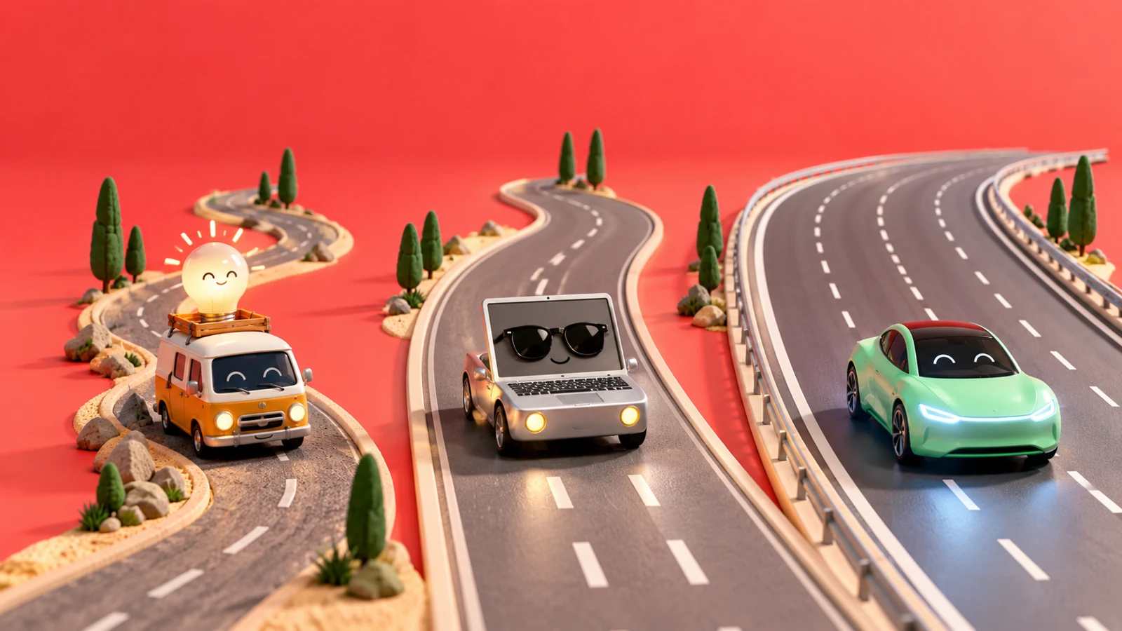 Trois routes miniatures avec des véhicules personnifiés illustrent les bandes Wi-Fi