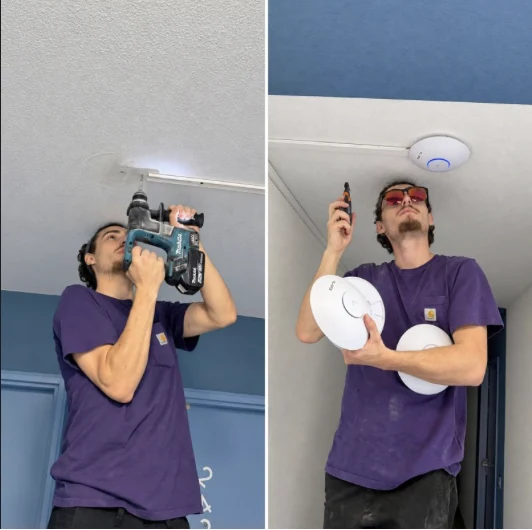 Scott prépare une fixation puis installe une borne Wi-Fi au plafond