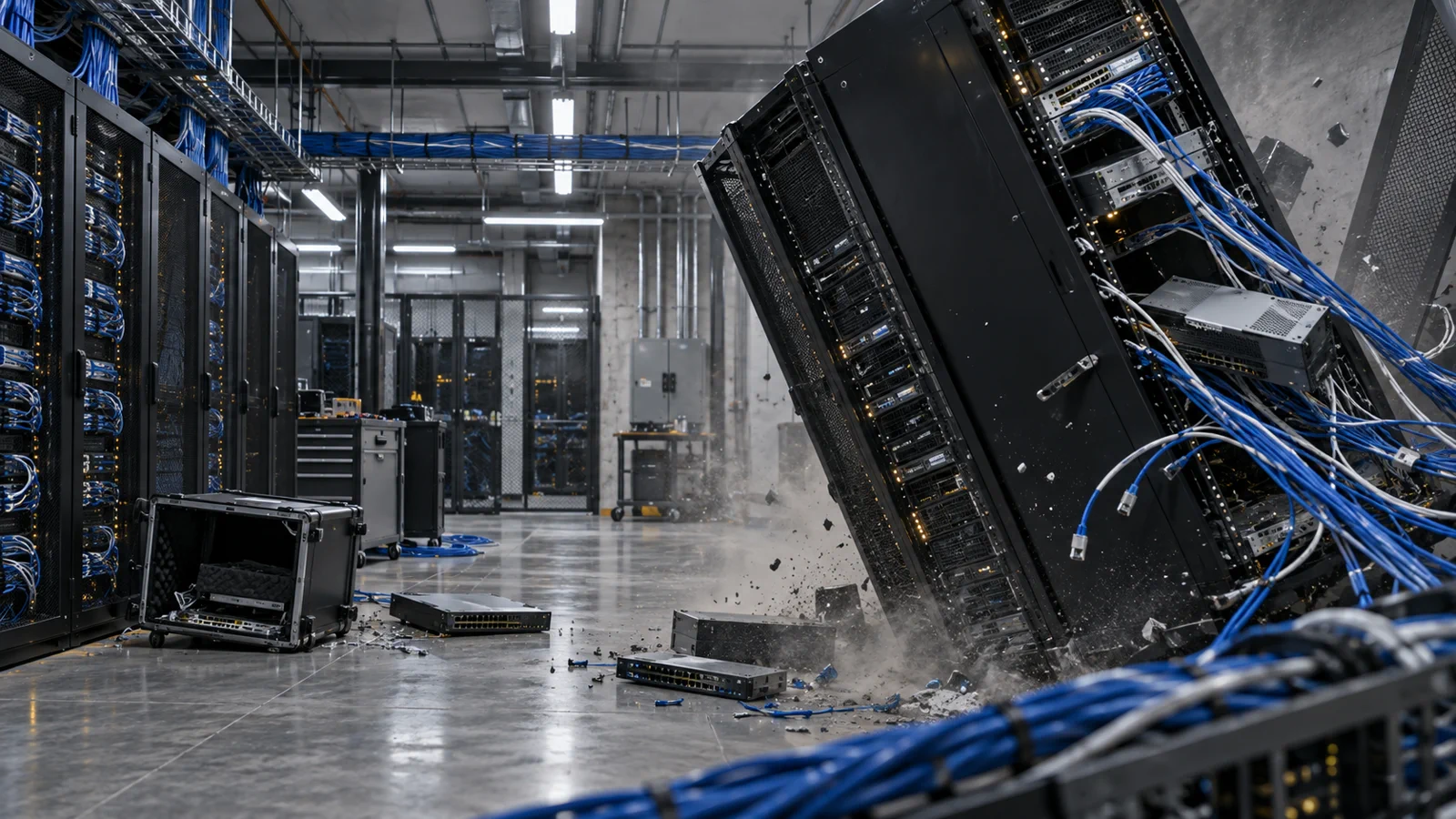 Baie serveur basculée et câbles débranchés dans une salle technique