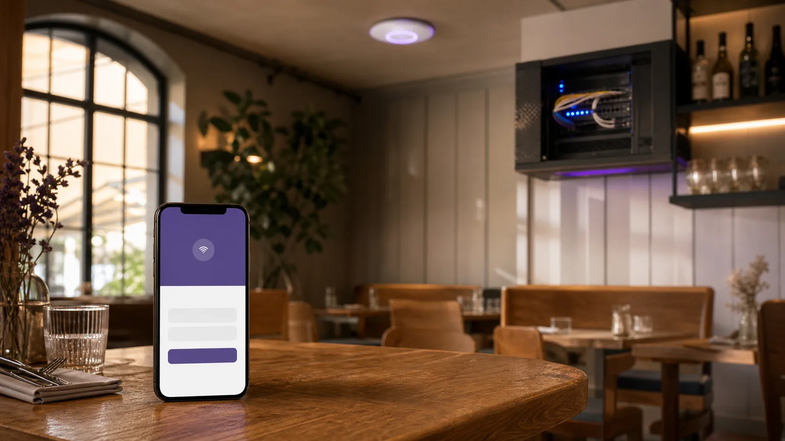 Portail captif affiché sur un smartphone dans un restaurant équipé en Wi-Fi professionnel