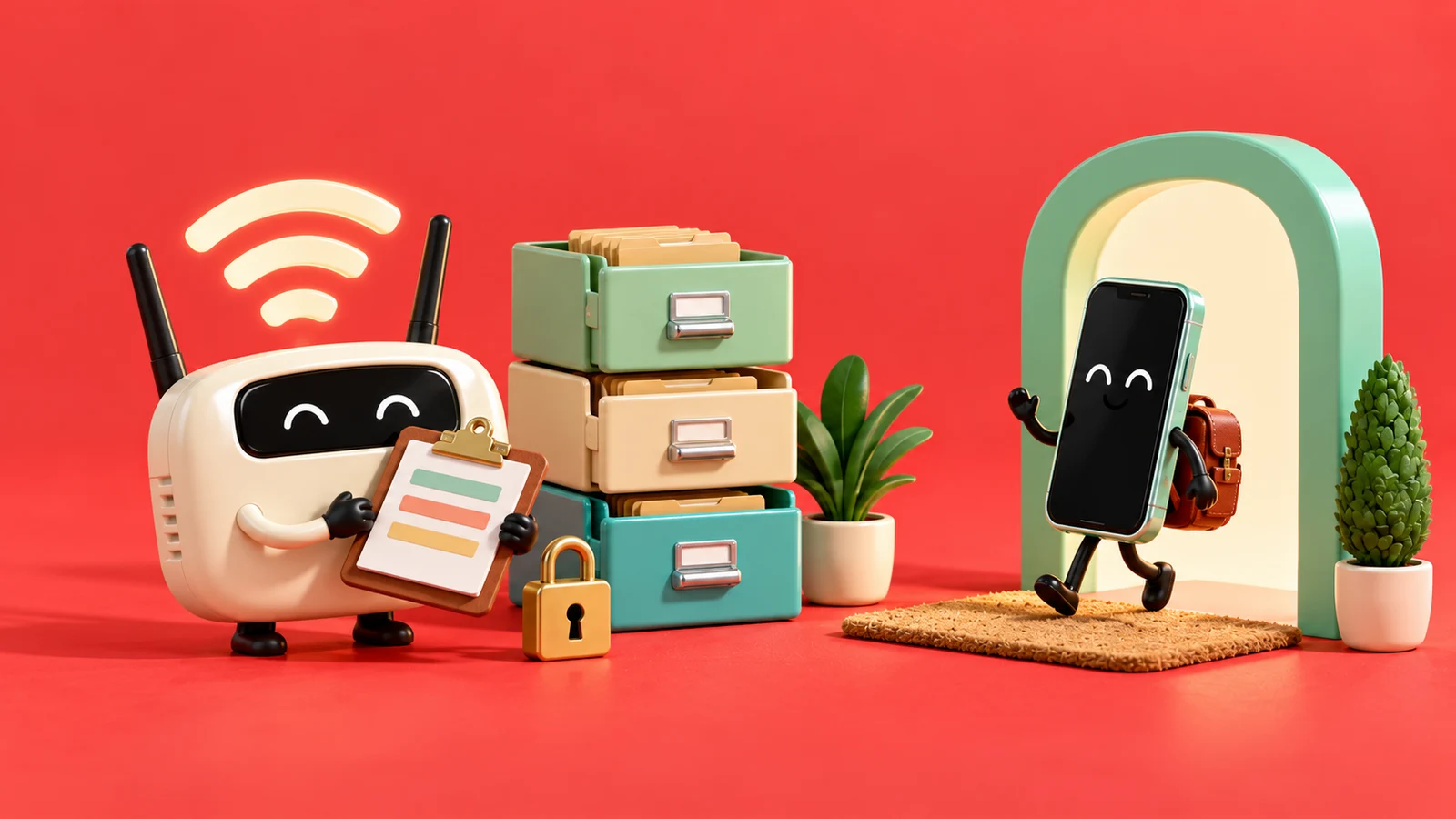 Illustration 3D : un routeur organise des archives pendant qu’un téléphone entre dans un portail