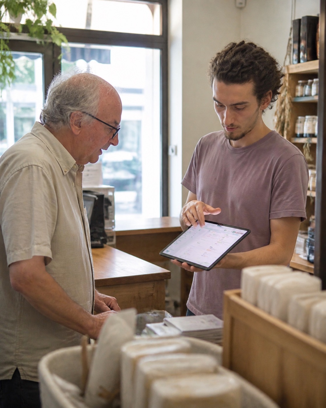 Scott de WiFeel présente une interface métier à un client sur une tablette