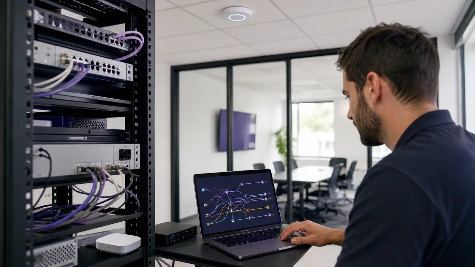 Technicien configurant la segmentation d'un réseau Wi-Fi professionnel