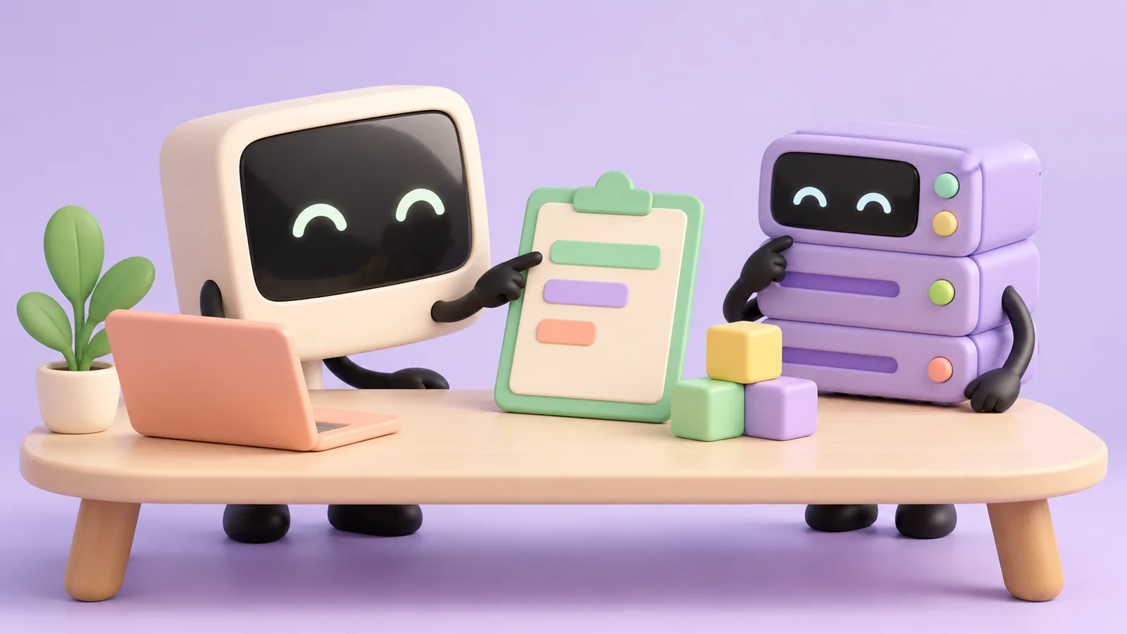 Illustration 3D pastel : un ordinateur et un serveur préparent les priorités informatiques autour d’un tableau.