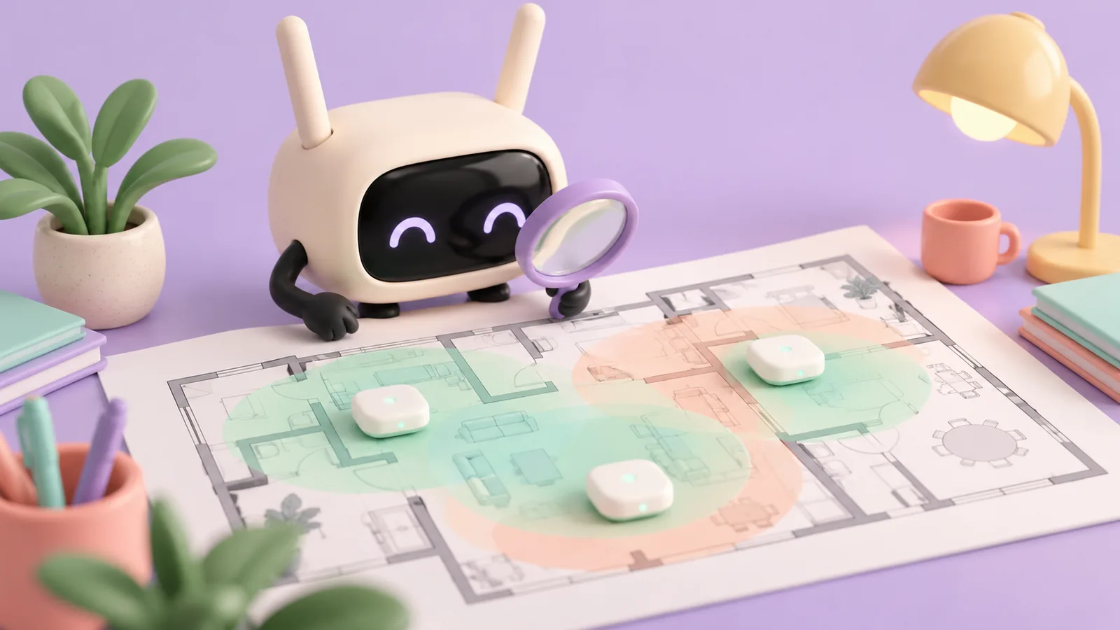 Illustration 3D pastel : un routeur examine un plan et les zones de couverture de trois bornes Wi-Fi.