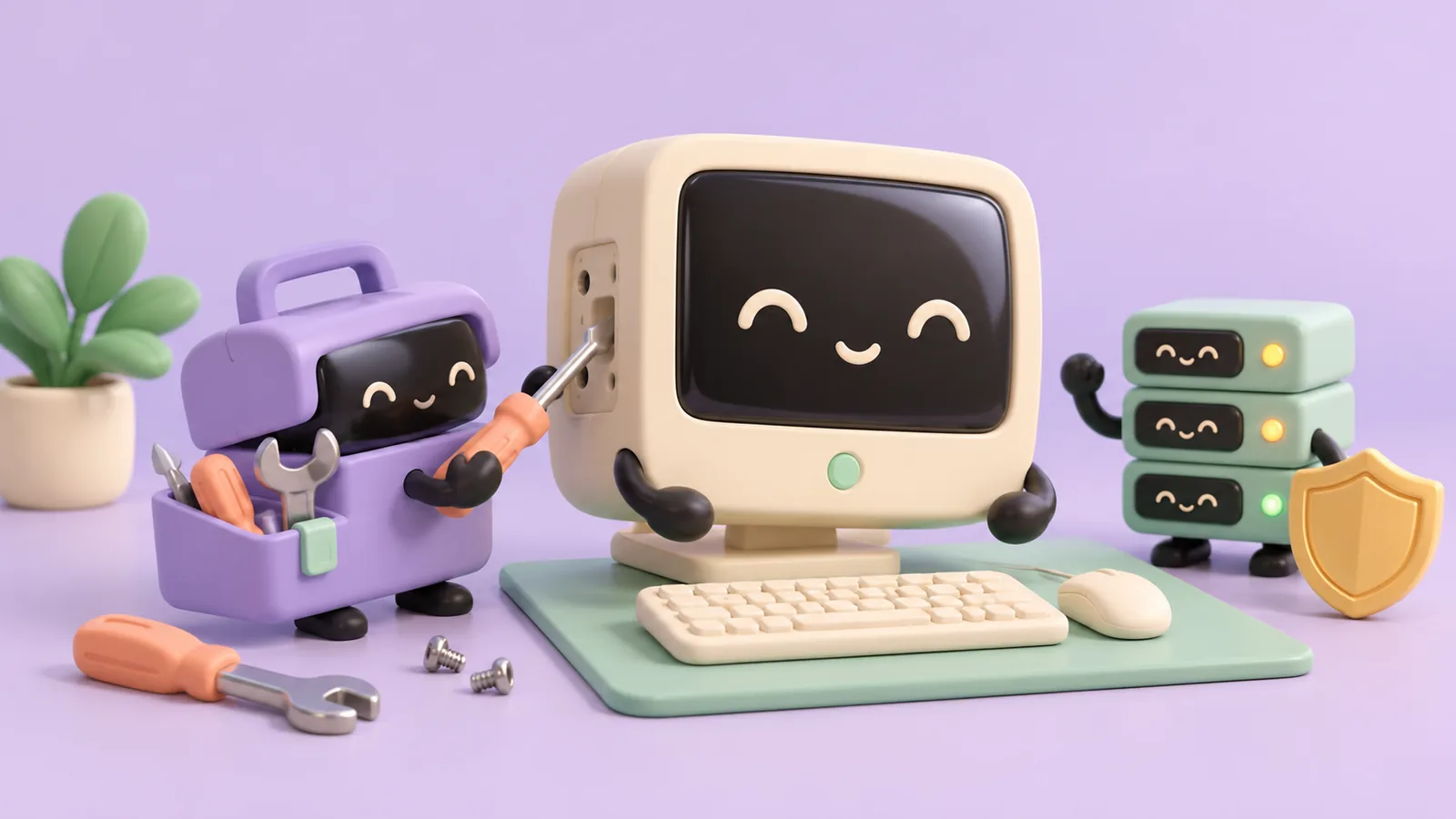 Illustration 3D pastel : un ordinateur et des outils représentent la maintenance d’un parc informatique.