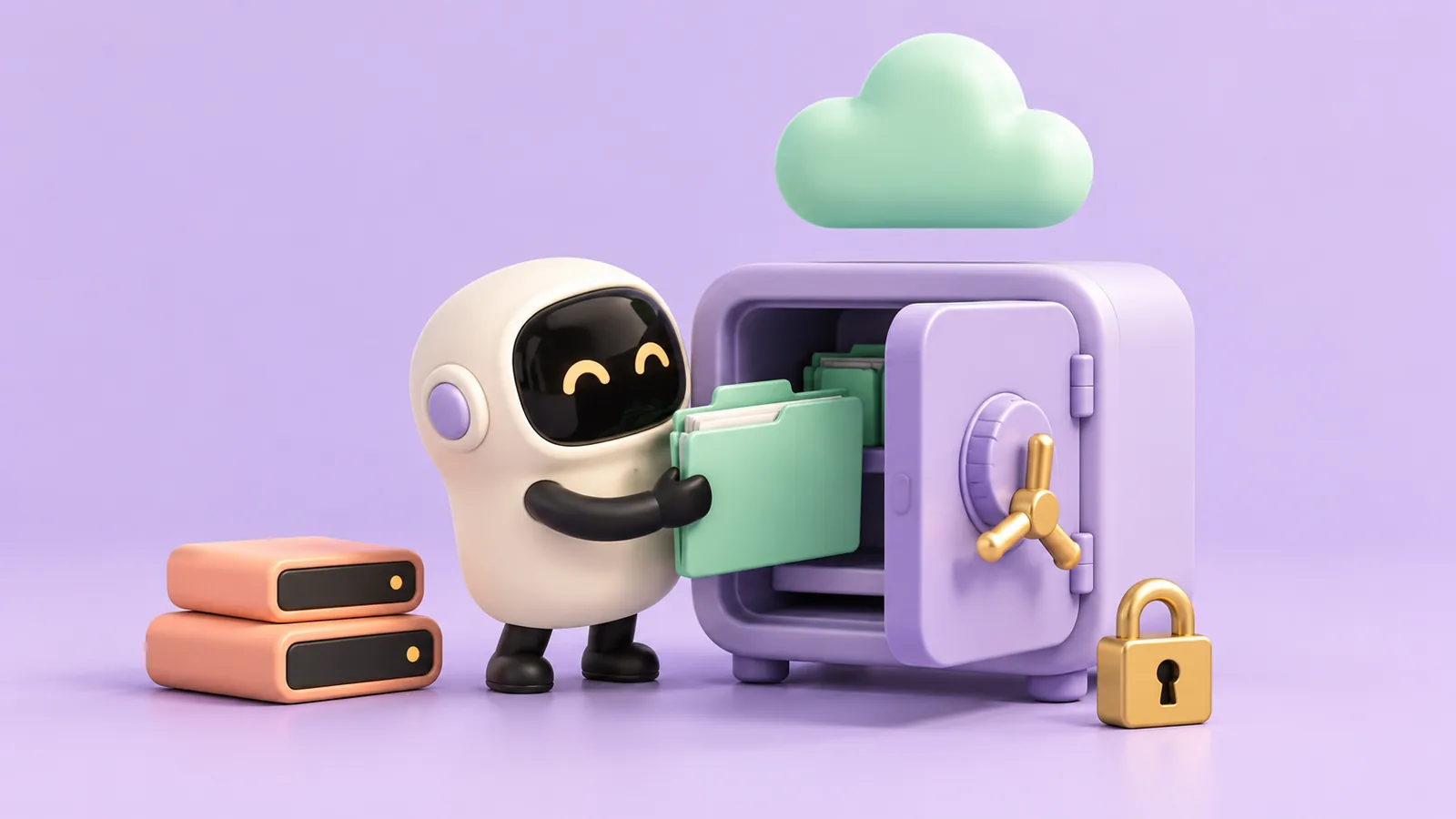 Illustration 3D pastel : des dossiers sont rangés dans un coffre avec des disques de sauvegarde séparés.