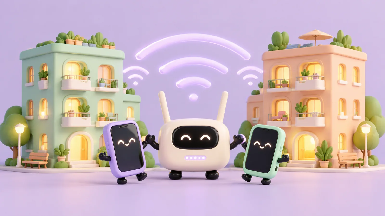 Illustration 3D pastel : un routeur et deux téléphones devant des immeubles collectifs.