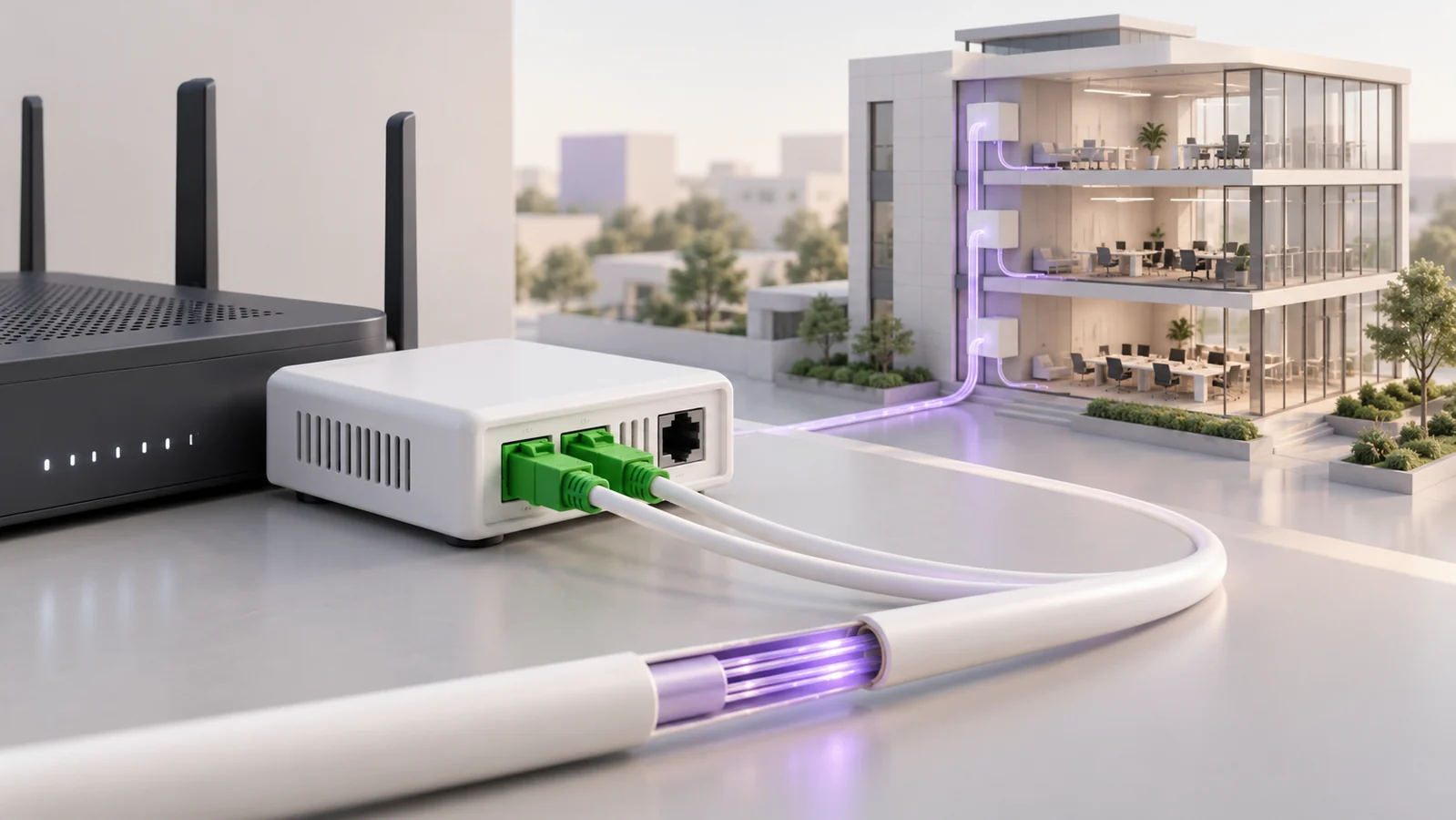 Illustration d'une liaison fibre optique et d'équipements réseau pour une entreprise