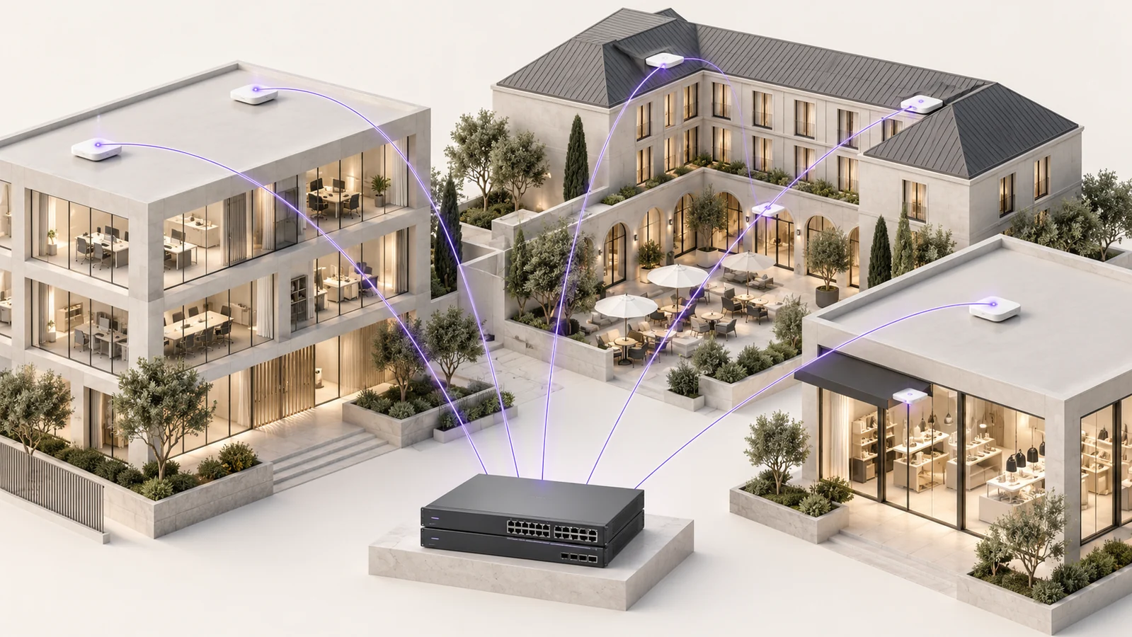 Illustration de plusieurs bâtiments reliés à une infrastructure Wi-Fi gérée